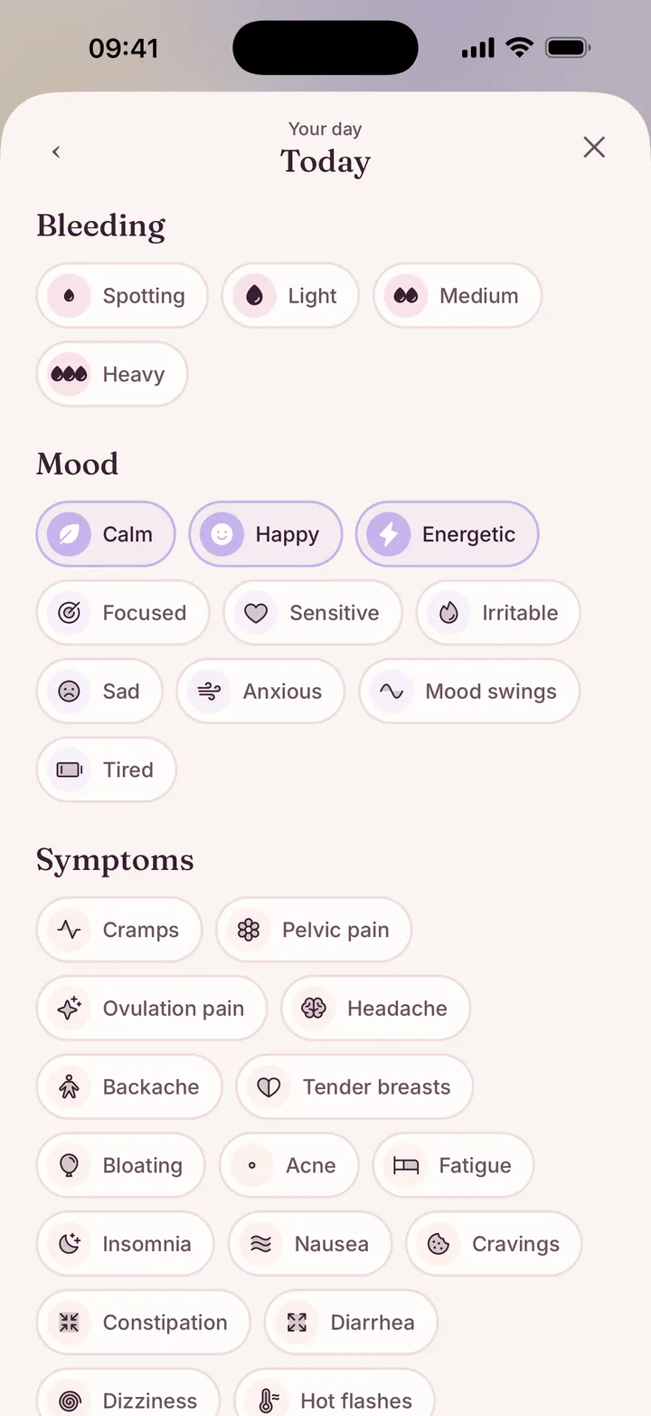 Daily log in LumaSync: bleeding, moods and symptoms to tap