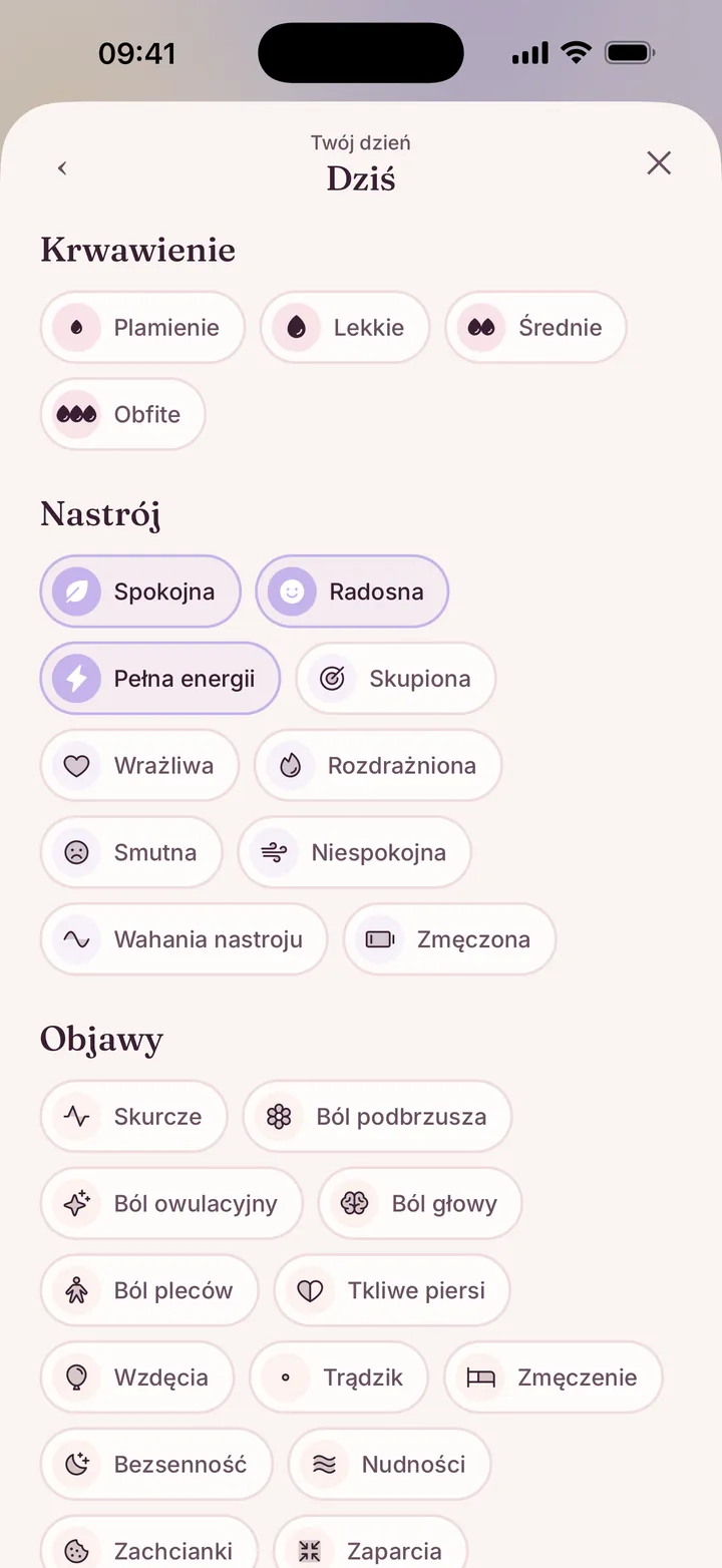 Dziennik dnia w LumaSync: krwawienie, nastroje w formach żeńskich i objawy do stuknięcia