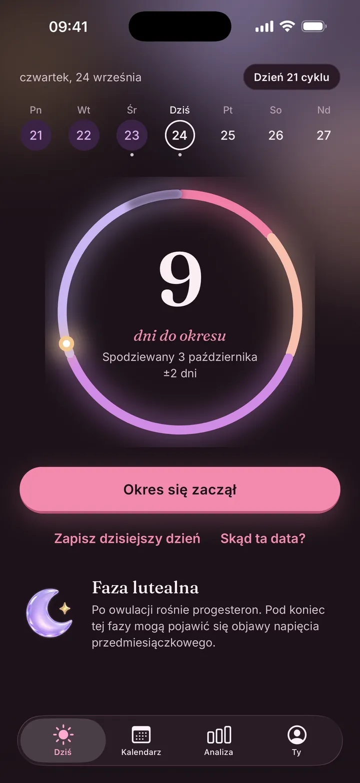 Ekran Dziś w LumaSync: 9 dni do okresu, spodziewany 3 października z przedziałem ±2 dni, faza lutealna