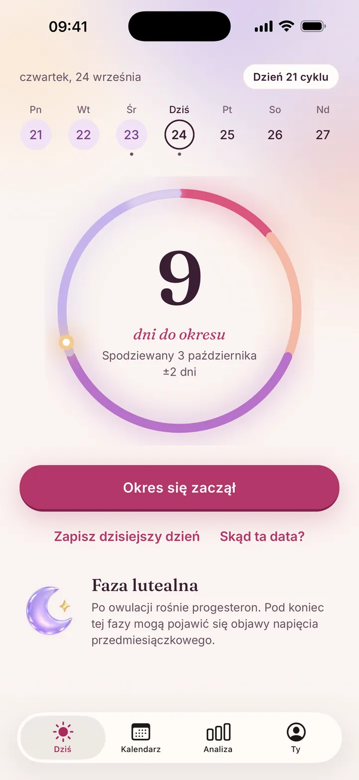 Ekran Dziś w LumaSync: 9 dni do okresu, spodziewany 3 października z przedziałem ±2 dni, faza lutealna